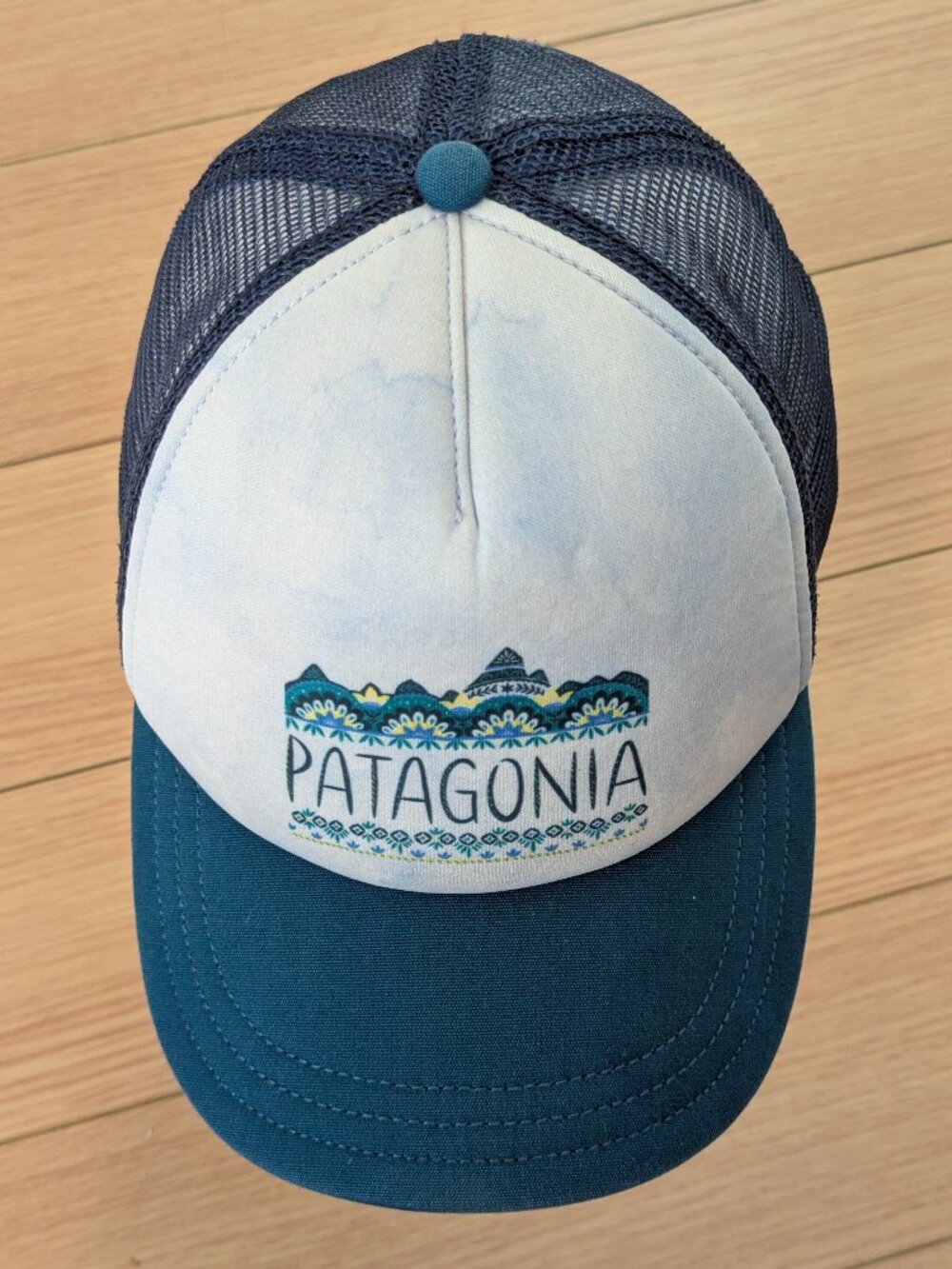 Patagonia Tie Dye Trucker Snapback Hat White and Blue